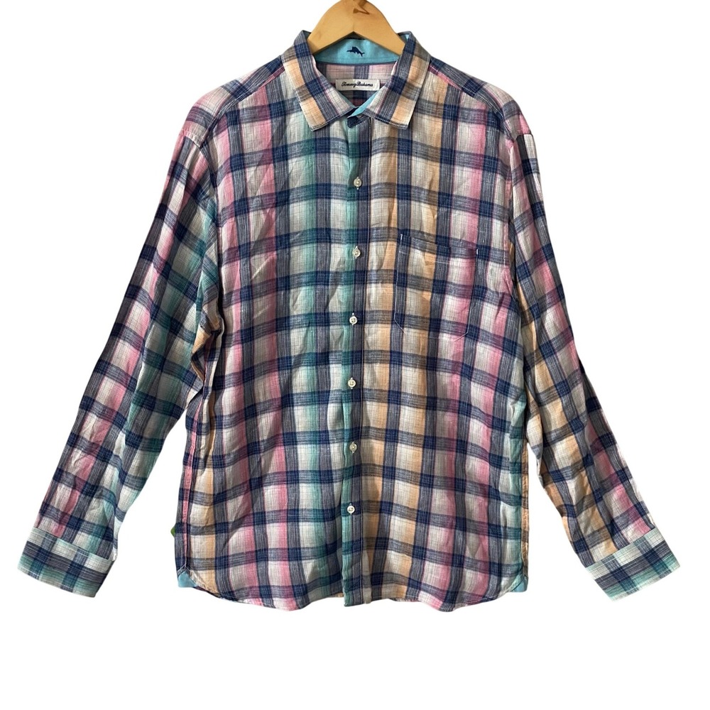 Tommy Bahama Mens Lg 100% Linen Plaid Long Sleeve Button Down Shirt Multi Color